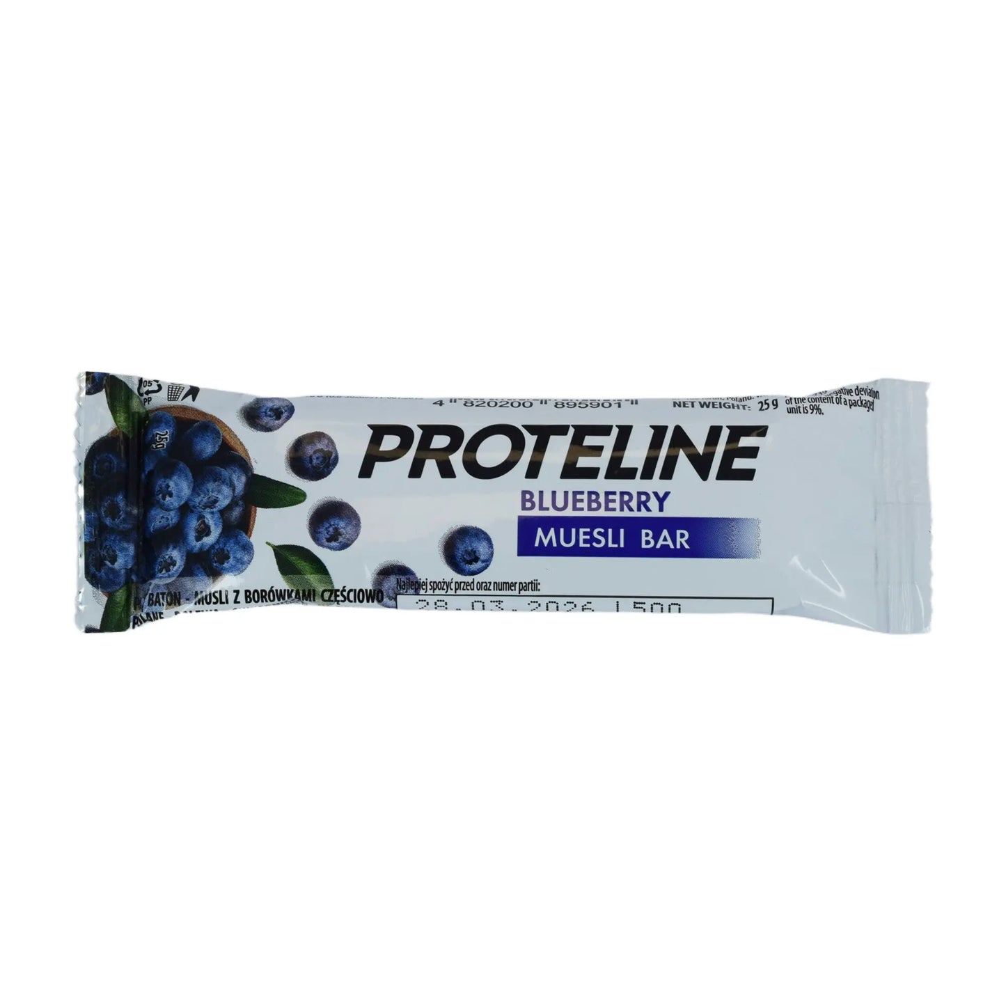 Bar – muesli with blueberries partially glazed with confectionery glaze (25g) Protein bar