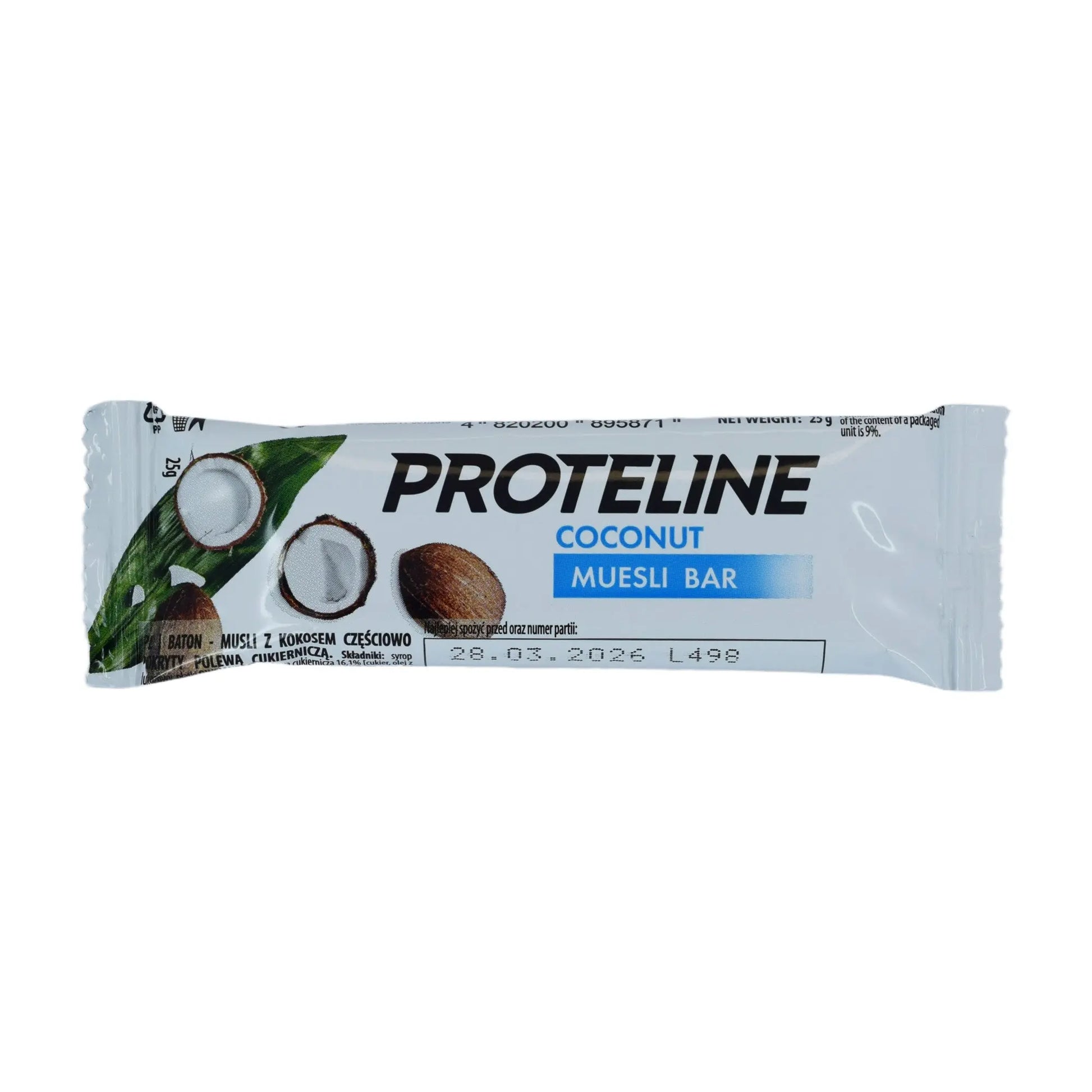 Bar – muesli with coconut partially glazed with confectionery glaze (25g) Protein bar