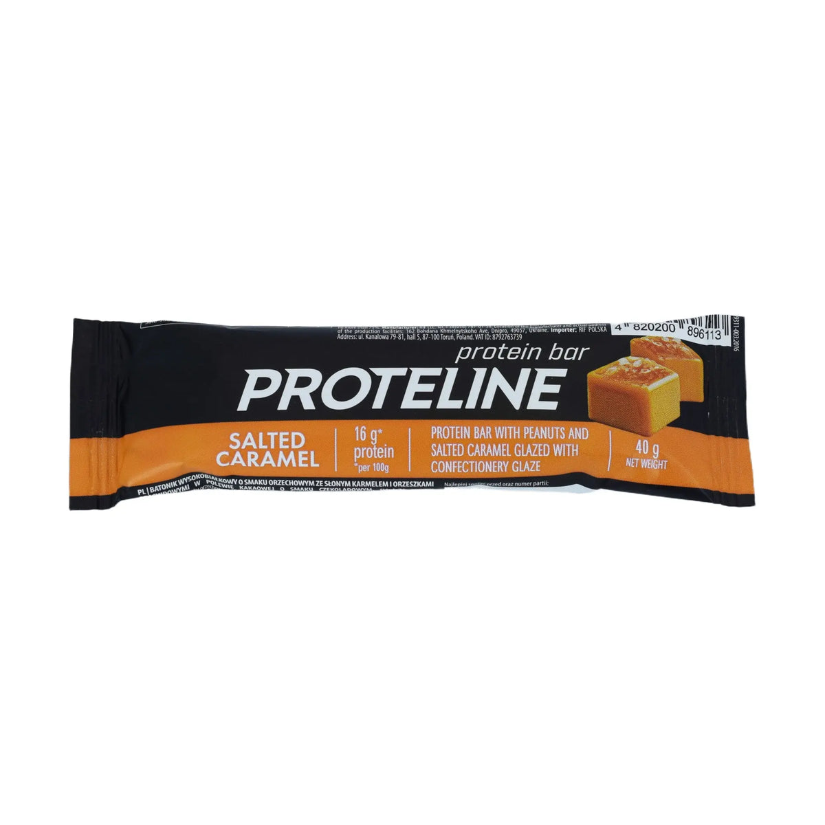 PROTELINE - Protein bar with peanuts and salted caramel glazed with confectionery glaze (40g) PROTELINE