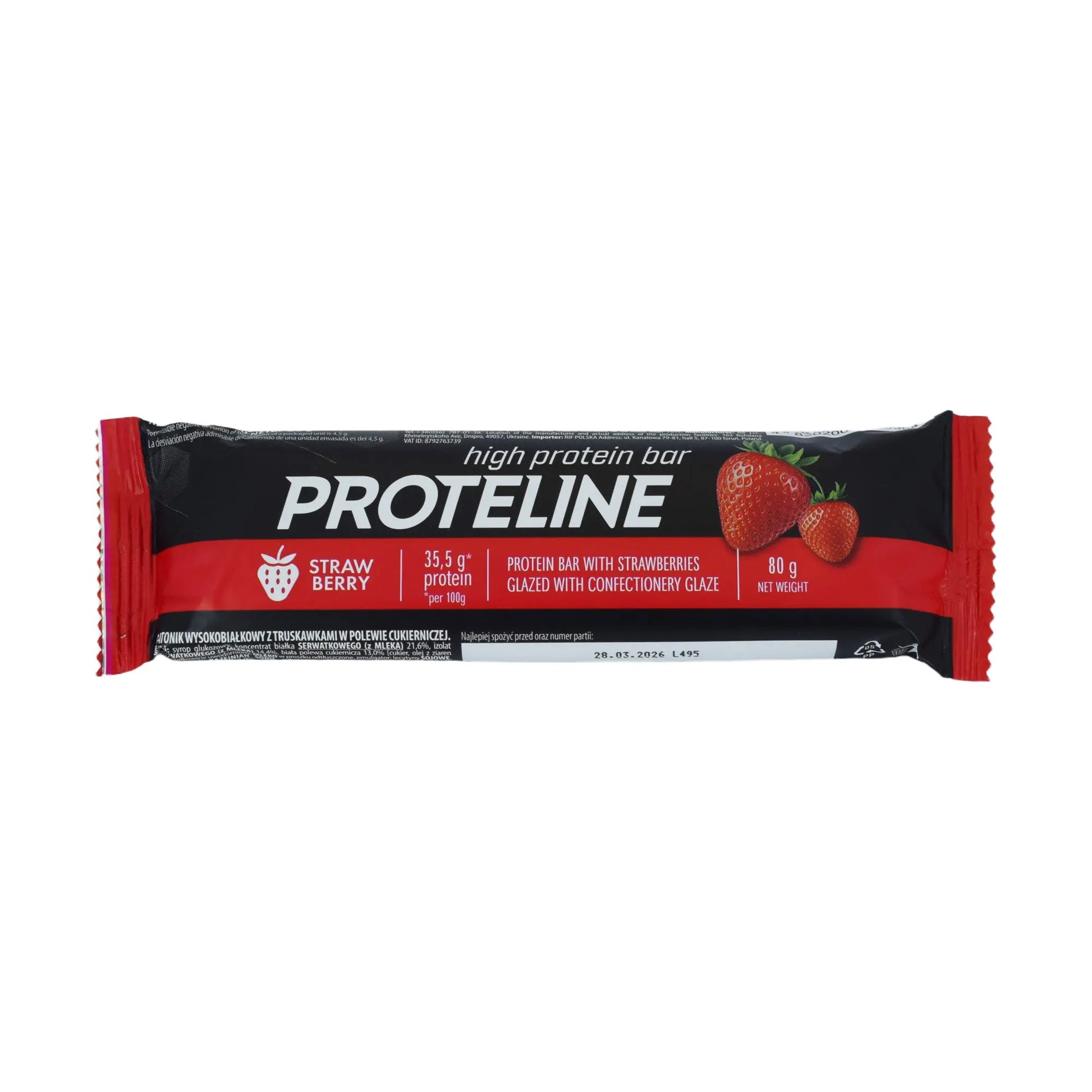 PROTELINE - Protein bar with strawberries glazed with confectionery glaze (80g) PROTELINE